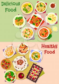 Delicious food icon set of fish with veggies and bean, vegetable soups with chicken, meatball and sausages, tuna tomato pasta, spinach salad, ice cream with chocolate, fruit desserts with cream, nuts