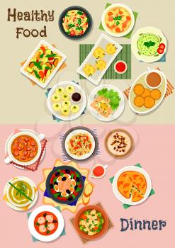 Healthy meal icon set of vegetable soups with meat, sausage and meatball, pasta with cheese, veggies, nut and basil sauce, shrimp and meat dumplings, tuna salad, chicken pie, cookie, semolina dessert