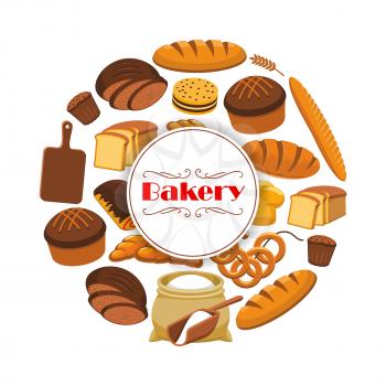 Bakery or baker shop poster with bread. Vector white wheat toast bread, rye loaf brick or bagel, braided bread and fresh baked pretzel, sweet sesame roll bun and croissant, flour bag and cutting board