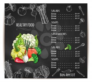 Vegetables sketch chalk menu on vector blackboard. Healthy organic vegetarian soups and salads prices of veggies cauliflower and broccoli cabbage, patisony squash and pumpkin, tomato and bell pepper, 