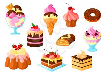 Cakes, pies and sweets desserts vector isolated icons of fruit cupcake and chocolate glaze, ice cream, tart and donut, cinnamon roll bun and pudding with cream fondant. Isolated set for bakery shop, p