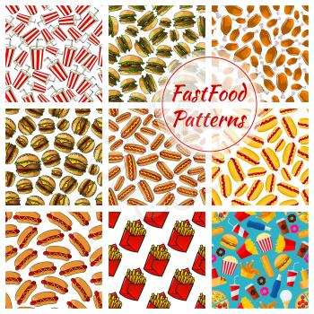 Fast food vector seamless pattern of sandwiches, hot dog and hamburger, cheeseburger, french fries and pizza meal snacks, coffee cup and soda drink bottle, ice cream, cupcake and donut desserts