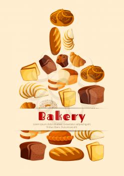 Bread vector poster of wheat rye brick and braided bagel, sliced bread toasts and pretzel, sweet pie cake and croissant, long loaf and chocolate muffin, donut or cupcake. Cutting board design for bake