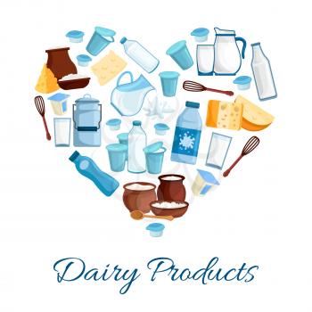 Heart composed of dairy products. Fresh farm milk, cheese, cream, yogurt, cottage cheese and sour cream. Natural healthy nutrition theme, food and drink packaging design