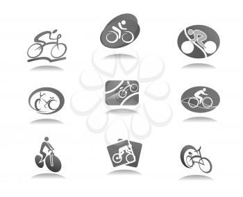 Cycle sport and bicycle icon set. Cyclist and bike gray symbols for road or track cycling and mountain bike race sporting design