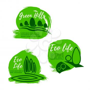 Eco green life icon set. Nature landscape with summer green trees and plants. Ecology, eco friendly lifestyle, health themes design