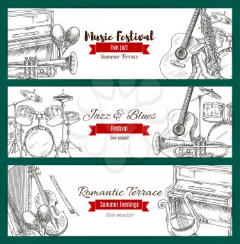 Jazz and blues live music festival banner set with music instrument sketches. Guitar, piano, drum, saxophone, trumpet, harp, maracas, lyre with ribbon banner for poster and flyer design