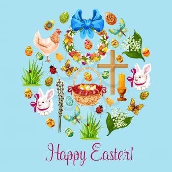 Easter holiday round symbol, composed of Easter egg, chicken, rabbit bunny with ribbon, chick, basket with decorated Easter egg, wreath with spring flowers and eggs, cross, candle, butterfly