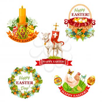 Easter holiday label set. Easter eggs in basket, chicken with chick and butterfly, Easter wreath with spring flowers and decorated eggs, lamb of God with cross, candle with lilies and ribbon banner
