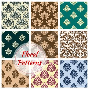Flower ornament and floral damask seamless vector pattern set of flourish baroque ornamental tracery and flowery adornment. Luxury ornate motif and vintage backdrops for interior design