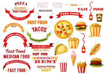 Fast Food vector icons of cheeseburger burger and pizza, french fries and hot dog sandwich hamburger, tacos, chicken nuggets and onion rings, ice cream, popcorn and coffee. Fastfood ribbon emblems set
