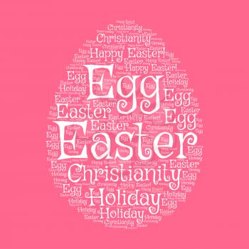 Easter egg greeting card with word cloud composed of Happy Easter, Holiday, Egg, Christianity tags. Easter greeting card and spring holiday festive poster design