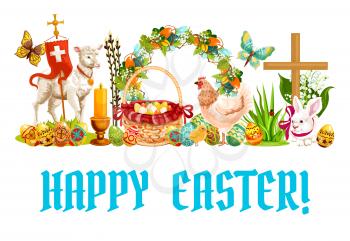 Easter spring holiday banner. Decorated Easter eggs in basket, rabbit, chicken with chick, lamb of God, floral Easter wreath with eggs, lily and tulip flowers, candle, cross, butterfly and willow tree