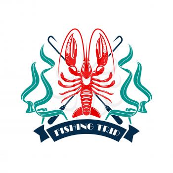 Fishing vector icon or emblem of lobster crayfish or crab seafood mollusk and seaweed, fish catch harpoon or spear tackle and ribbon for fishery, fisherman or fisher trip sport and adventure club