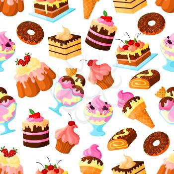 Pastry cakes and bakery desserts vector seamless pattern of biscuit cupcake or cheesecake, ice cream and donut or muffin, waffles and wafer tart, chocolate brownie cookie and patisserie pudding