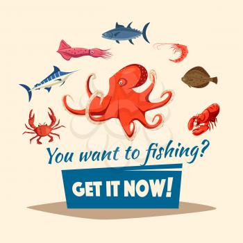 Fishing vector poster of fishes and marine seafood mollusks octopus and crab or crayfish, lobster and flounder, shrimp or prawn and marlin, tuna and squid. Fisherman or fisher trip catch