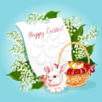 Easter rabbit greeting card with copy space. White bunny with decorated Easter eggs in basket, lily of the valley flowers and blank paper for your wishes. Happy Easter Day festive poster design