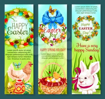 Happy Easter Day cartoon banner set. Easter egg, rabbit bunny, egg hunt basket, chicken, chick, spring flower wreath with pointed eggs and ribbon bow, butterfly and green grass. Easter holidays design