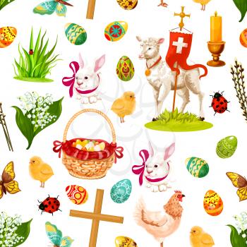 Easter holiday symbols seamless pattern background with Easter egg, rabbit bunny, spring flower, chicken, egg hunt basket, chick, lamb of God, cross, candle, butterfly, willow tree twig and ladybird