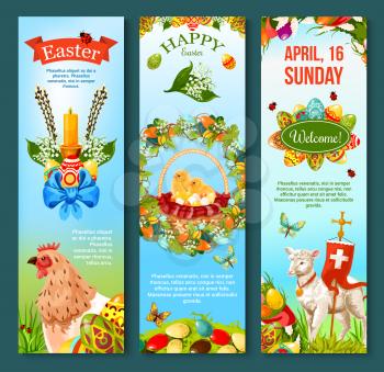 Easter Sunday celebration banner template set. Easter eggs, chicken, chicks, egg hunt basket, spring flower wreath, candle and lamb of God with cross cartoon poster adorned with ribbon banner and bow