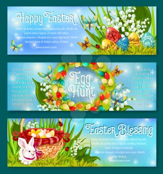 Easter Egg Hunt celebration banner template set. Patterned Easter egg hidden in green grass, rabbit bunny with egg hunt basket and floral Easter wreath of lily flowers and leaves with butterflies