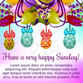 Easter Sunday greetings festive card. Easter eggs hanging on floral wreath with lily and tulip flowers, ribbon bow and leaves. Happy Easter Holidays and Egg Hunt celebration cartoon poster design