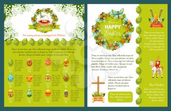 Easter greetings template for poster, banner or card design. Easter eggs and spring flower wreath with ribbon banner, egg hunt basket, Easter lamb with cross, candle, willow twig and text layouts
