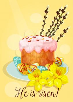 Easter cake with eggs greeting card. Easter sweet bread with sugar icing and painted eggs on plate, decorated with narcissus flowers and pussy willow tree shoots. Easter holiday tradition theme design