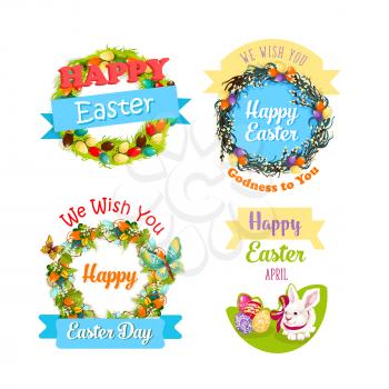 Easter eggs and rabbit cartoon symbol set. Decorated Easter eggs with bunny, floral wreath of lily and tulip flowers, pussy willow twigs and grapevine, decorated by ribbon banner and butterfly