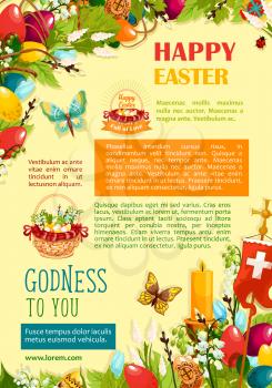 Happy Easter greetings poster template. Coloured Easter eggs and spring flowers in egg hunt basket, candle and cross with text layouts, decorated by floral wreath and flying butterflies