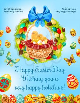 Easter spring holiday and egg hunt celebration cartoon poster. Basket with Easter eggs and chicken chicks, encircled by floral Easter wreath with ribbon bow and butterflies on spring sky background