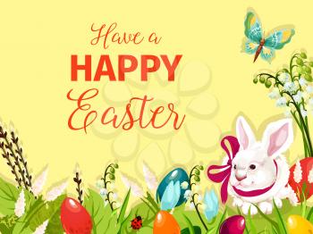 Easter bunny cartoon greeting card. Easter egg hunt rabbit with coloured eggs on flower meadow with green grass, leaves, lily of the valley, snowdrop, willow twigs and flying butterfly