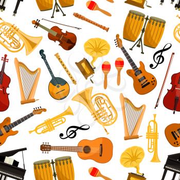 Musical instruments vector seamless pattern of orchestra harp, contrabass and piano, maracas, saxophone and gramophone, cymbals on ethnic jembe drums, jazz trumpet, acoustic guitar and violin