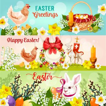 Happy Easter greetings banners. Easter rabbit bunny with egg hunt basket, chicken, chick, spring flowers, lamb of God with cross, floral wreath with Easter eggs and ribbon bow, candle and willow tree