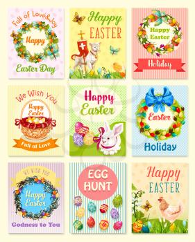 Easter greeting card set. Easter egg, rabbit bunny, chicken with chick, egg hunt basket, Easter wreath of lily and tulip flowers, willow twigs and ribbon, lamb with cross, green grass and butterfly