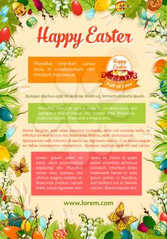 Happy Easter poster template with floral frame. Egg hunt basket with Easter eggs cartoon banner, supplemented with text layouts and spring flowers, green grass, leaf and willow tree twigs