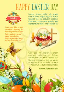 Easter Egg Hunt poster template. Decorated easter eggs with spring flowers in wicker basket with cross, candle and willow tree twigs, floral Easter wreath with ribbon banner and flying butterflies