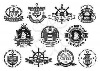 Nautical heraldic emblem set. Marine anchor, helm, sailing ship, compass and lighthouse, framed by rope, chain and shield with ribbon banner and star. Sailor and yacht club badge, symbol design