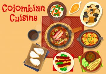 Colombian cuisine dinner icon of shrimp rice, bean stew with pork shank, tomato onion sauce with grilled banana, chicken soup with corn flatbread, seafood stew, fried pork belly, milk cake with cream