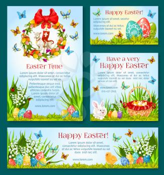 Easter holiday greetings banner template. Easter Egg Hunt celebration poster, card and flyer with Easter egg, rabbit bunny, spring flower wreath, basket, chicken chick, lamb of God, cross, butterfly