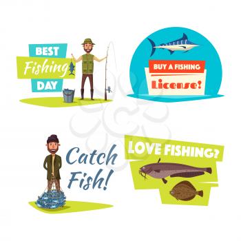 Fishing hobby and sport cartoon icon. Happy fishermen with catch, fishing rod and net, blue marlin, sheatfish and flounder fish symbol. Outdoor recreation, fishing sport club design