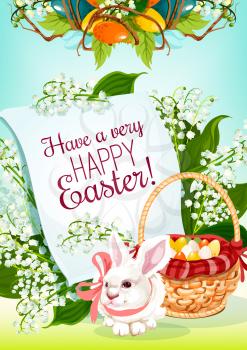 Easter Egg Hunt rabbit greeting card. Easter bunny with egg hunt basket and floral wreath of lily flowers and green leaves, supplemented by paper scroll with wishes of Happy Easter