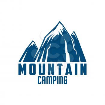 Mountain camping and outdoor adventure symbol. Mountain range or snowy mountain peaks silhouette for recreation activity, extreme sport or climbing themes design