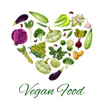 Vegetable food heart poster. Fresh cabbage, broccoli, eggplant, potato, garlic, mushroom, bean, zucchini, radish, kohlrabi, beet, asparagus, brussel sprouts, romanesco cauliflower and pattypan squash