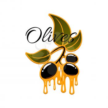 Olives icon. Black olive fruit with drops of natural organic oil and olive tree branch with leaves. Oil label, mediterranean cuisine menu, vegetarian nutrition design