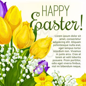 Easter spring holiday floral festive poster. Flower bunch of tulip, narcissus and lily of the valley with green leaves and copy space for your text. Spring flowers greeting card for Easter design