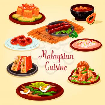 Malaysian cuisine cartoon poster. Grilled chicken, fried rice with bean and prawn, seafood risotto, vegetable salad with egg, stuffed tofu with cucumber, papaya shrimp soup, fish salad, potato donut