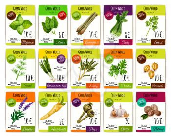 Price tags or labels vector set for herbs, spices or vegetables marjoram, cilantro or lemongrass and celery, sorrel or fennel, onion, savory parsley and coriander, lavender or horseradish, poppy or ga