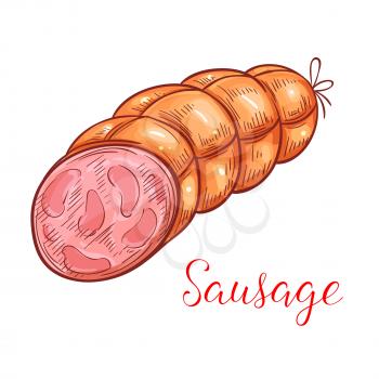 Sausage or smoked bacon and ham bratwurst and curry wurst, salami or pepperoni kielbasa. Vector icon of gastronomy meat delicatessen chorizo and saucisson or gourmet cabanossi barbecue bockwurst