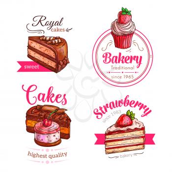 Patisserie dessert cakes vector icons. Emblems of cupcakes and bakery torte of strawberry cheesecake pie or chocolate brownie and fruit biscuit tart. Pastry raisin muffin and pudding or donut with muf